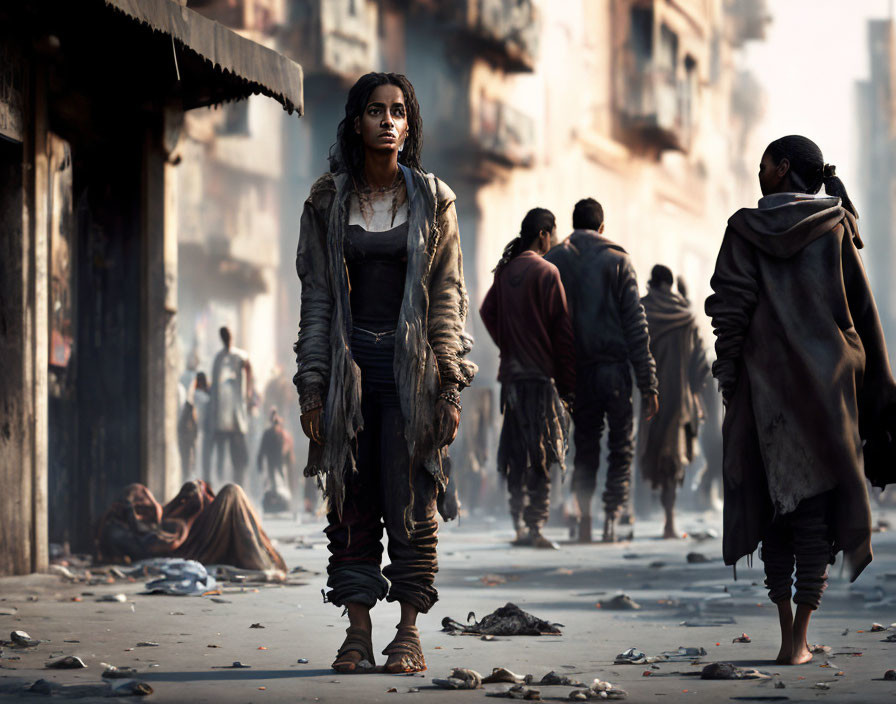 Post-apocalyptic urban street scene with woman and survivors.