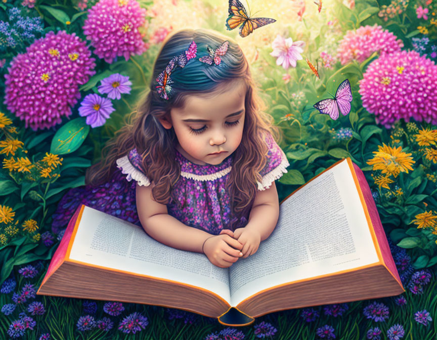 Young girl surrounded by butterflies reading in flower-filled field