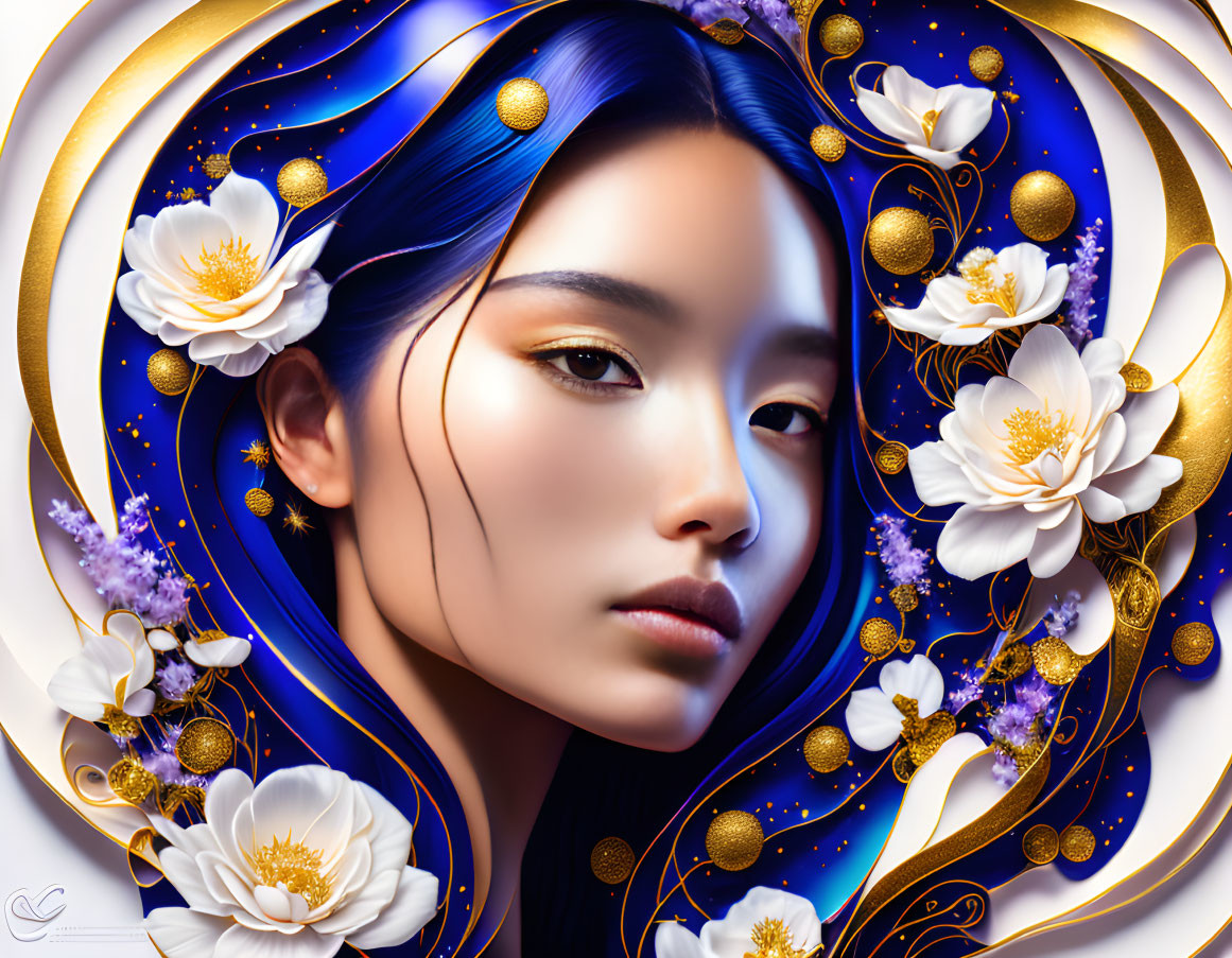 Digital Artwork: Woman with Blue Hair and Gold Accents surrounded by White Flowers and Celestial Mot