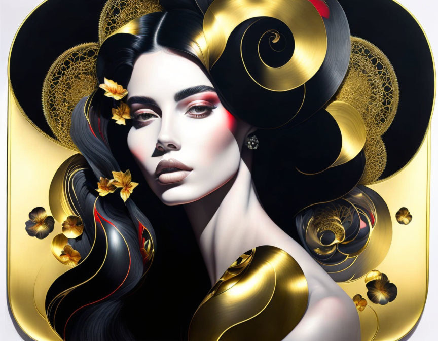 Stylized black and gold hair portrait of a woman with flowers on a dark background