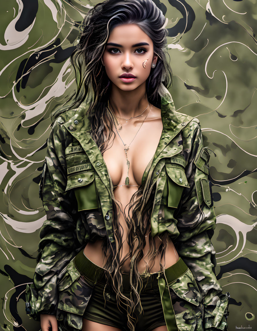 Digital artwork of woman with long wavy hair in camo jacket and low-cut top