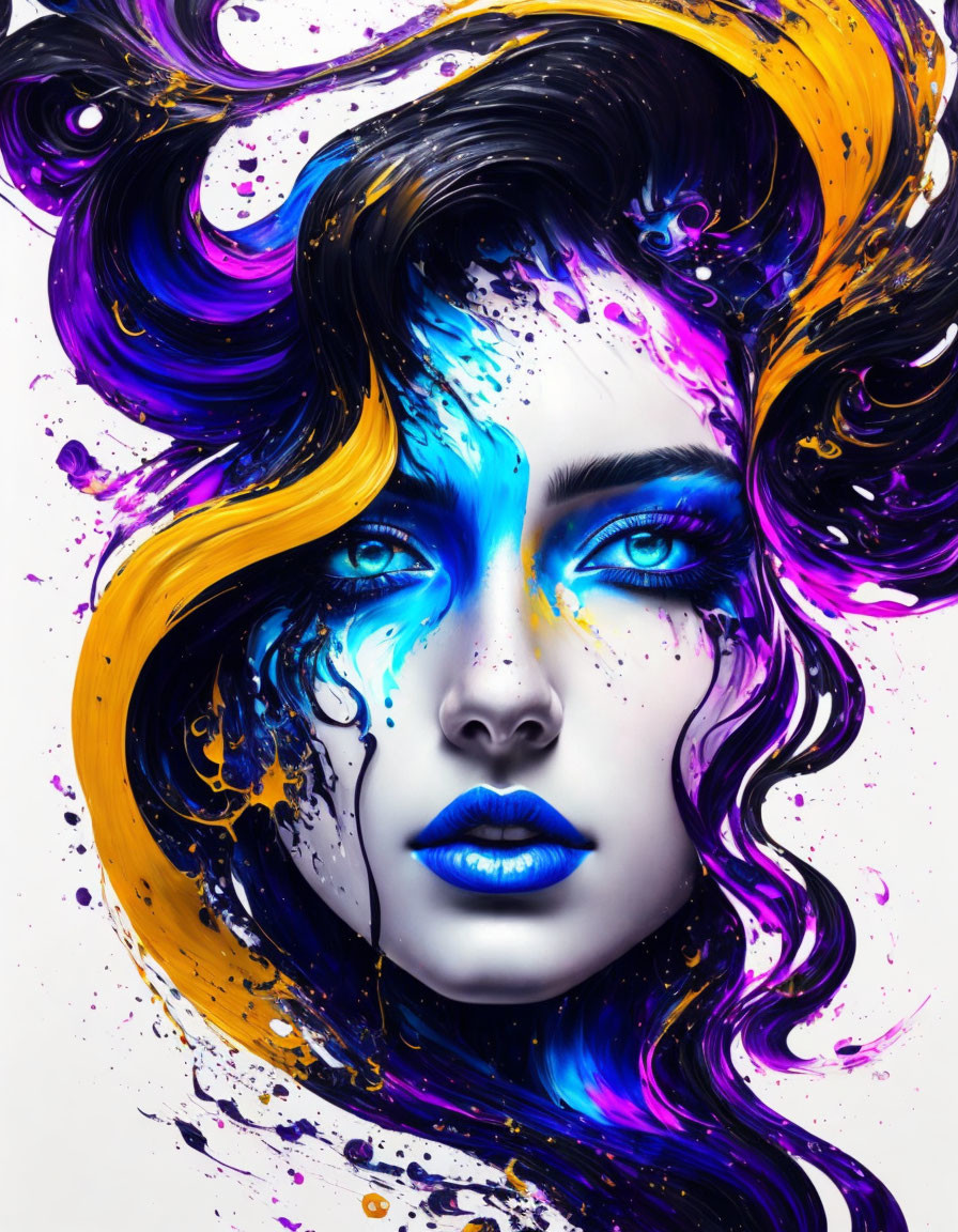 Colorful digital artwork featuring woman with vibrant swirling hair and bold makeup