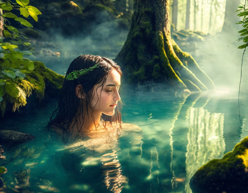 Woman Submerged in Tranquil Forest Pond with Sunlight Reflections