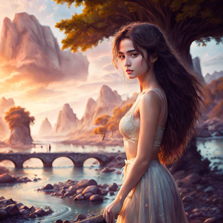 Woman in flowing dress in serene fantasy landscape with mountains, river, and bridge under golden sky