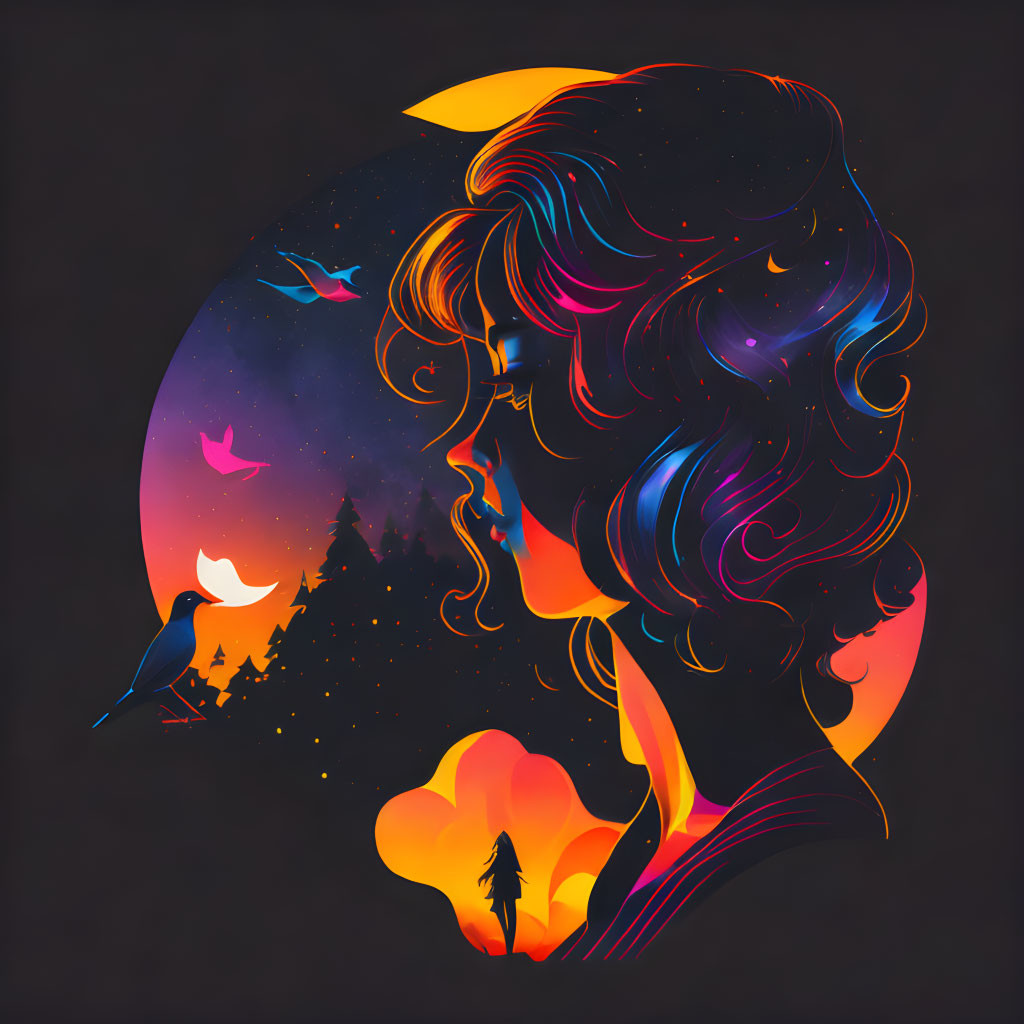 Silhouette of woman's profile with cosmic and nature motifs in vibrant colors