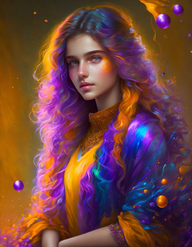 Colorful Portrait of Woman with Multicolored Hair and Floating Orbs