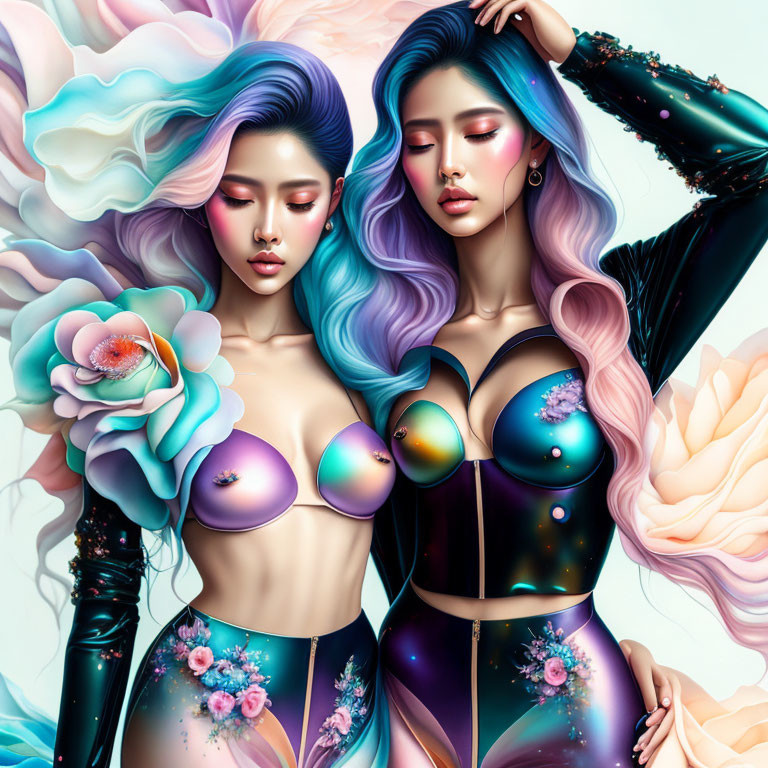 Stylized women with pastel hair in cosmic bodysuits amidst vibrant floral elements