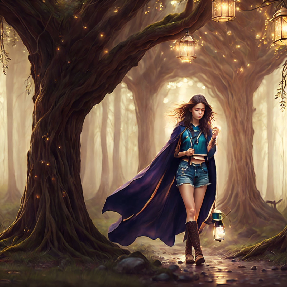 Enchanted forest scene with glowing lanterns and young woman