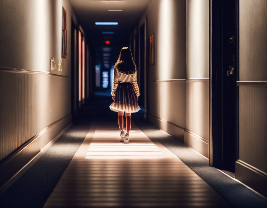 Young woman in dimly lit hotel corridor with warm light and long shadow