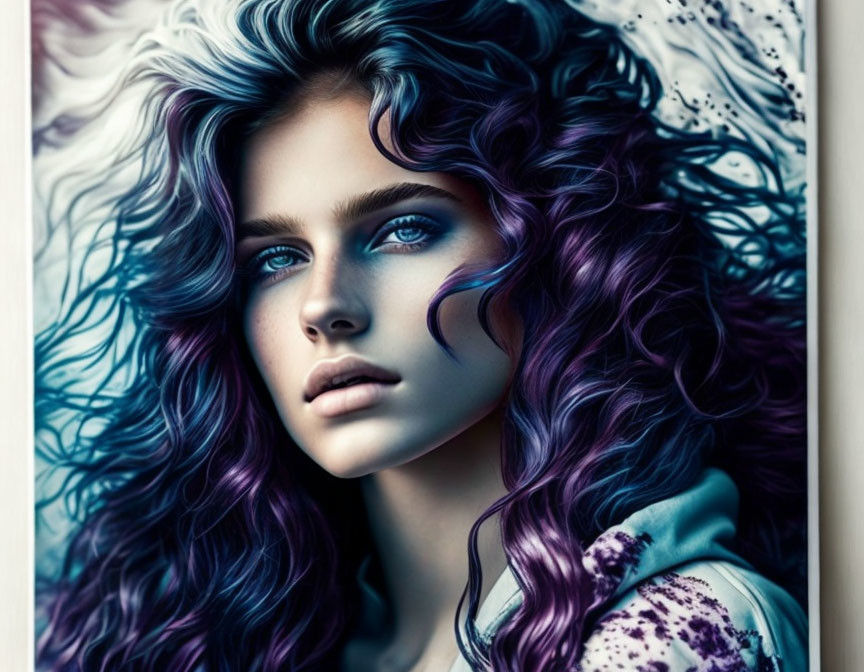 Digital artwork: Woman with deep blue eyes and curly hair transitioning from white to purple on soft background