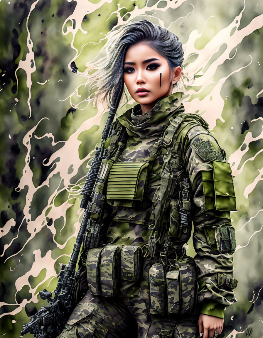 Stylized portrait of woman in camouflage military gear against camo background