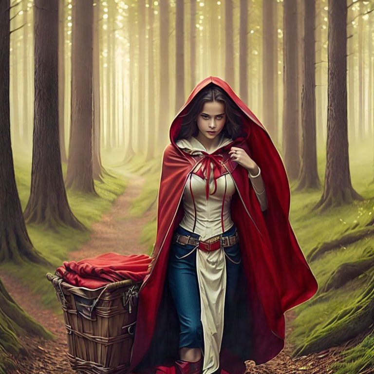 Modern Little Red Riding Hood in misty forest with red cloak and basket