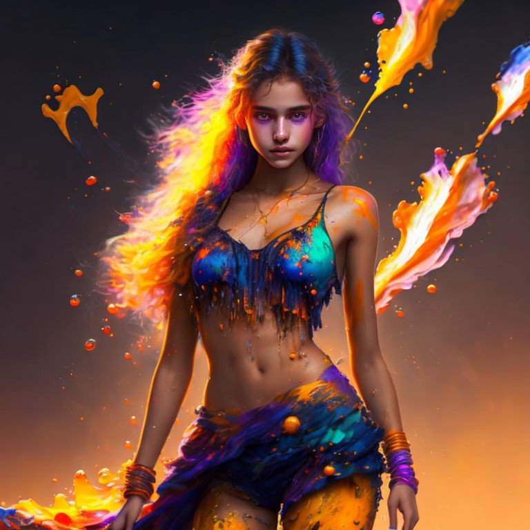 Vibrant digital artwork of a woman with flowing, colorful hair and paint-splash clothing.