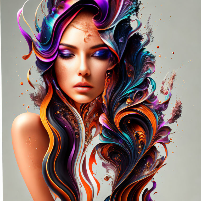 Colorful Swirling Hair-Like Patterns in Digital Art Portrait