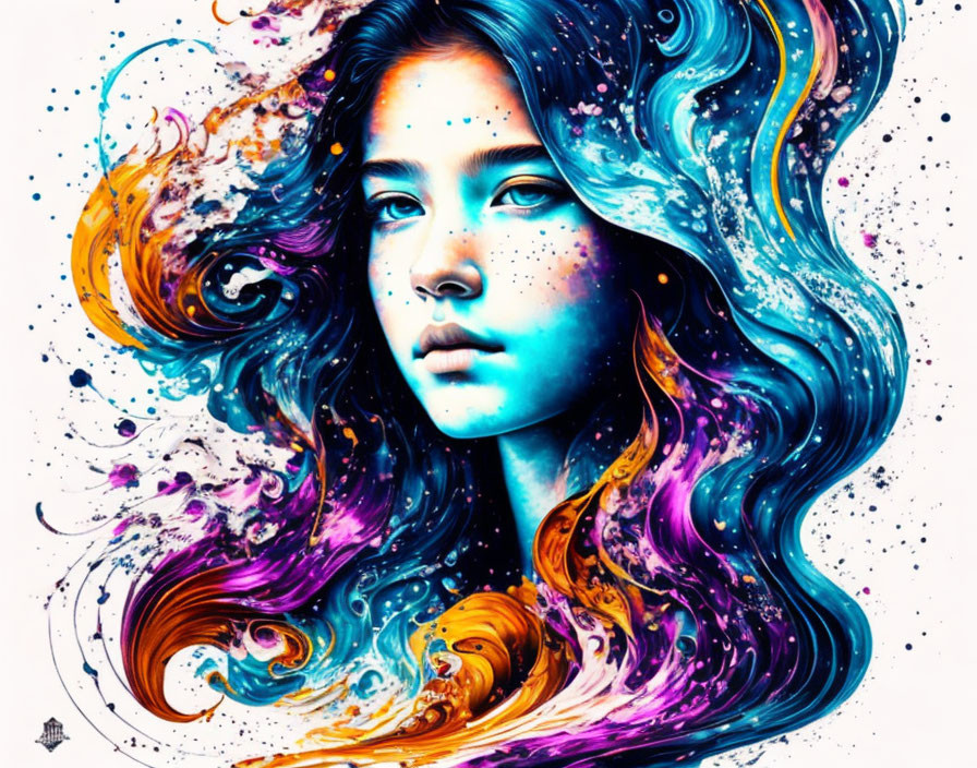 Colorful digital artwork: Woman with flowing hair in vivid blue, purple, orange, and white swirl