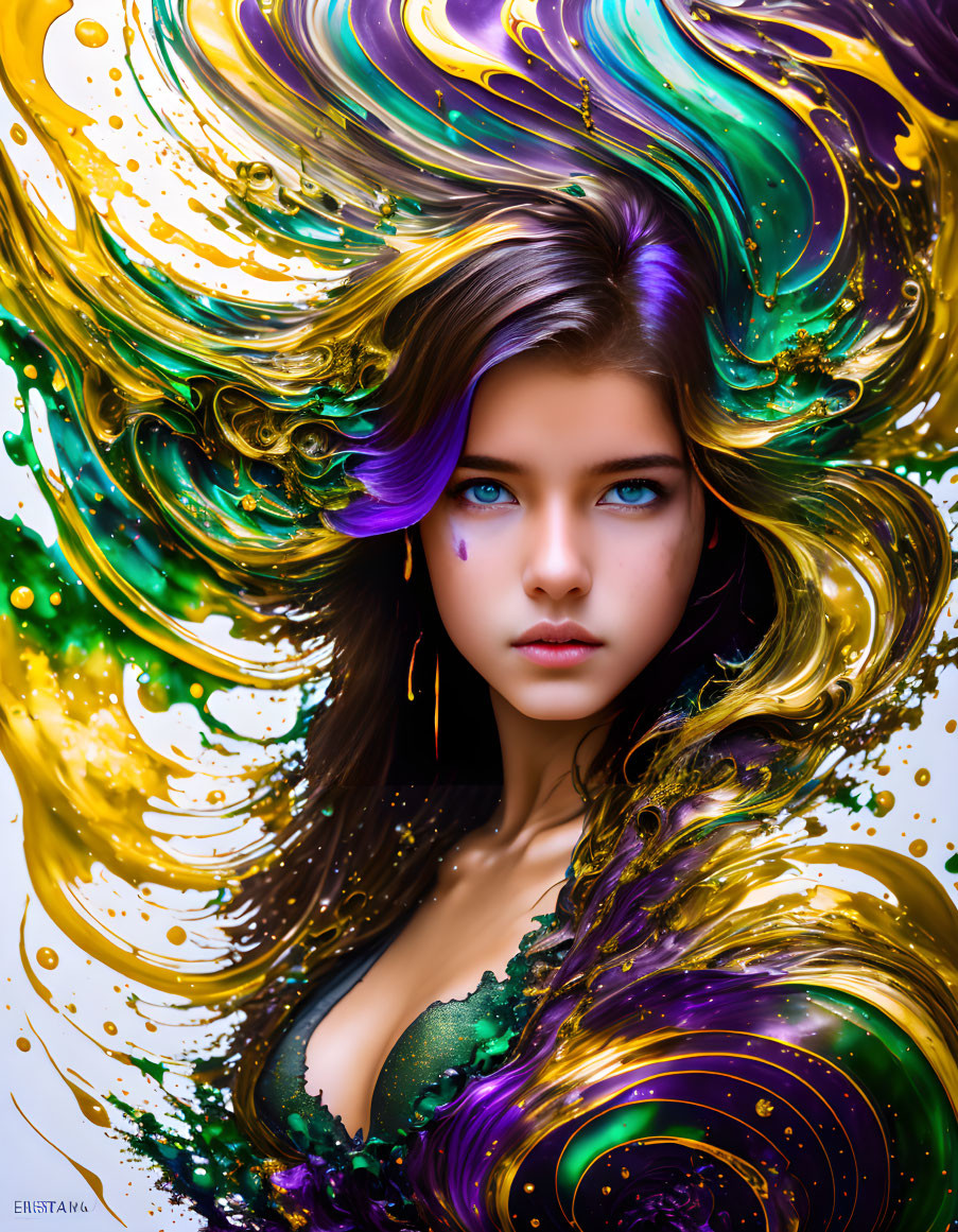 Vibrant digital artwork: Woman with swirling colorful hair and blue-eyed gaze