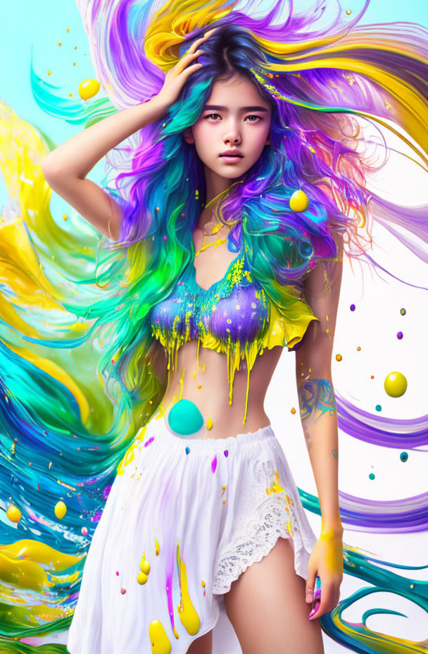 Colorful Woman with Artistic Makeup Against Swirling Paint Splashes