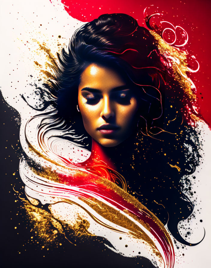 Stylized portrait of a woman with black, white, and gold swirls on dark red background