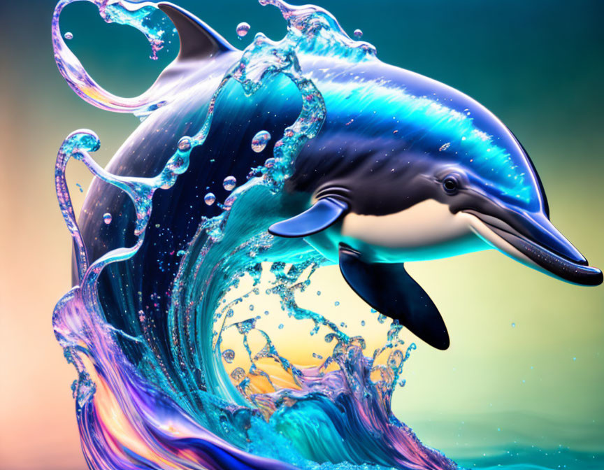 Colorful Dolphin Leaping from Swirling Water in Digital Art