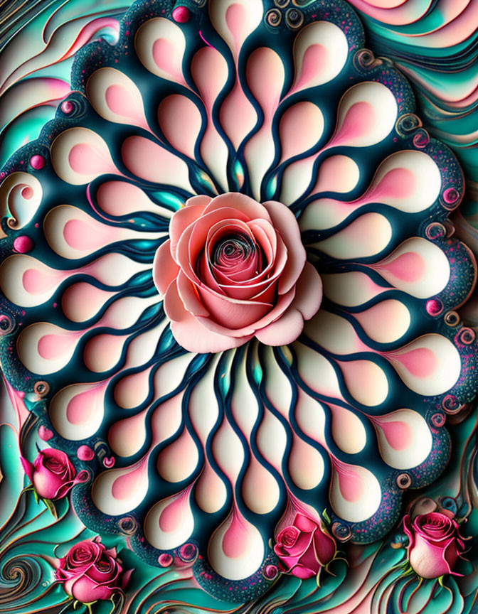 Rose-themed digital artwork with teal, pink, and gold mandala design