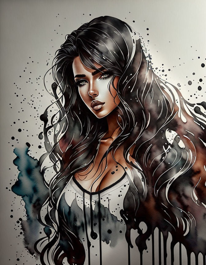 Illustration of woman with voluminous wavy hair and black ink drips.