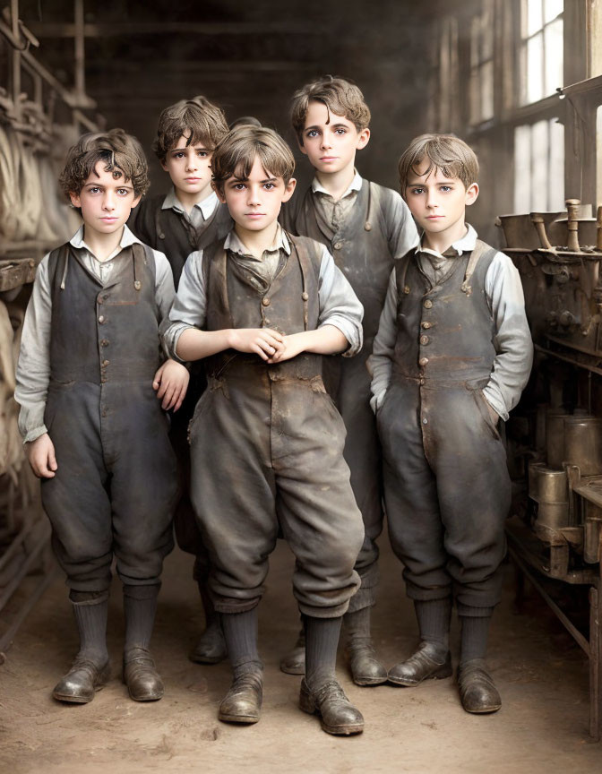 Five young boys in vintage work clothes in somber poses in an industrial setting