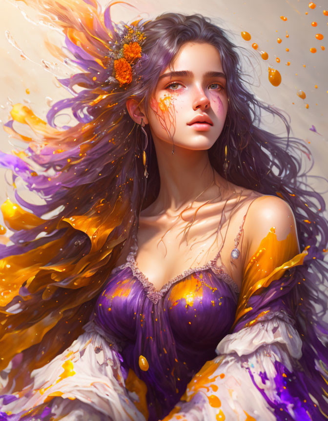 Illustrated woman with long hair and orange flowers in swirling golden and violet hues