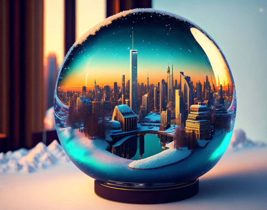 Miniature cityscape snow globe with skyscrapers at sunset in urban setting