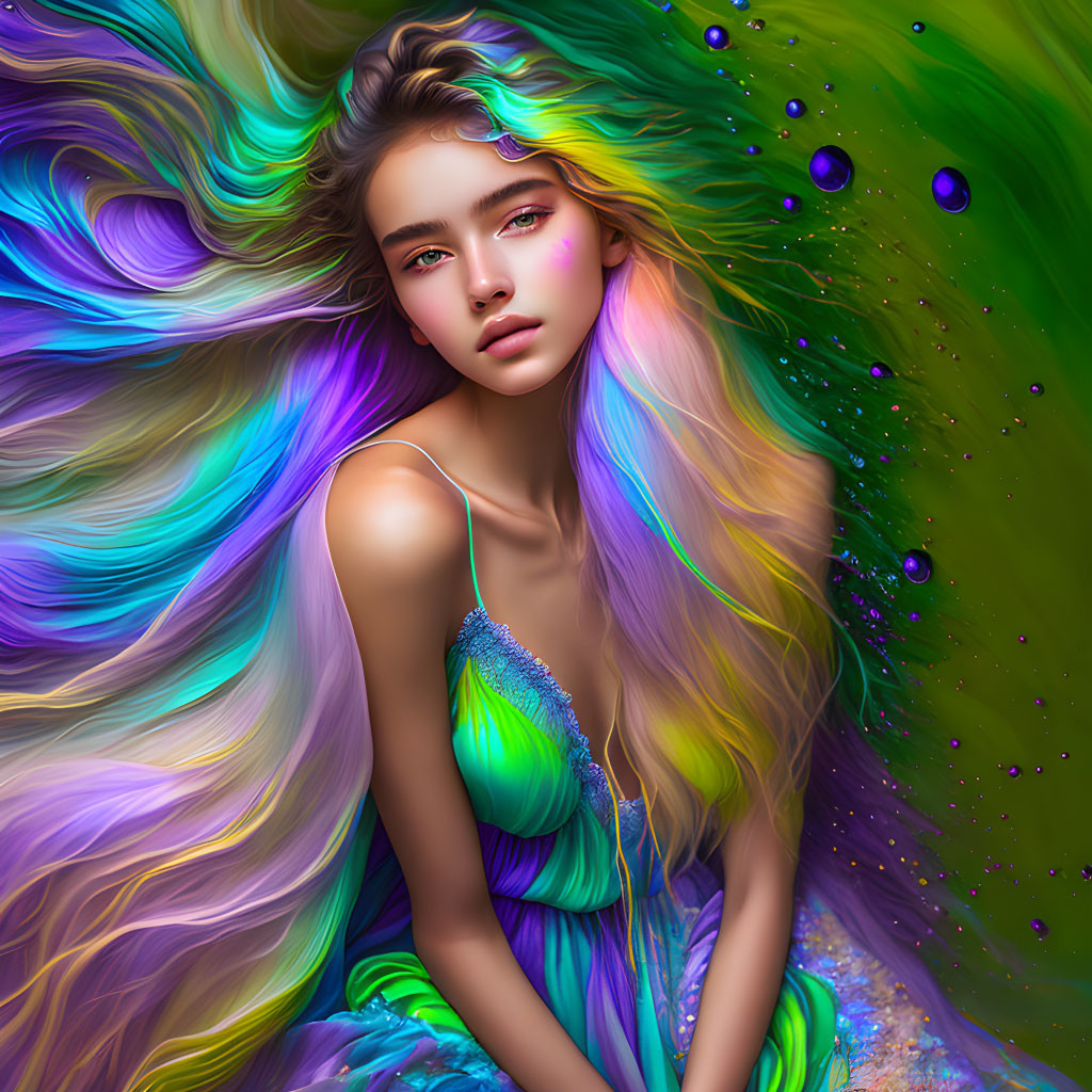 Colorful digital artwork: Woman with flowing multicolored hair blending into vibrant abstract backdrop