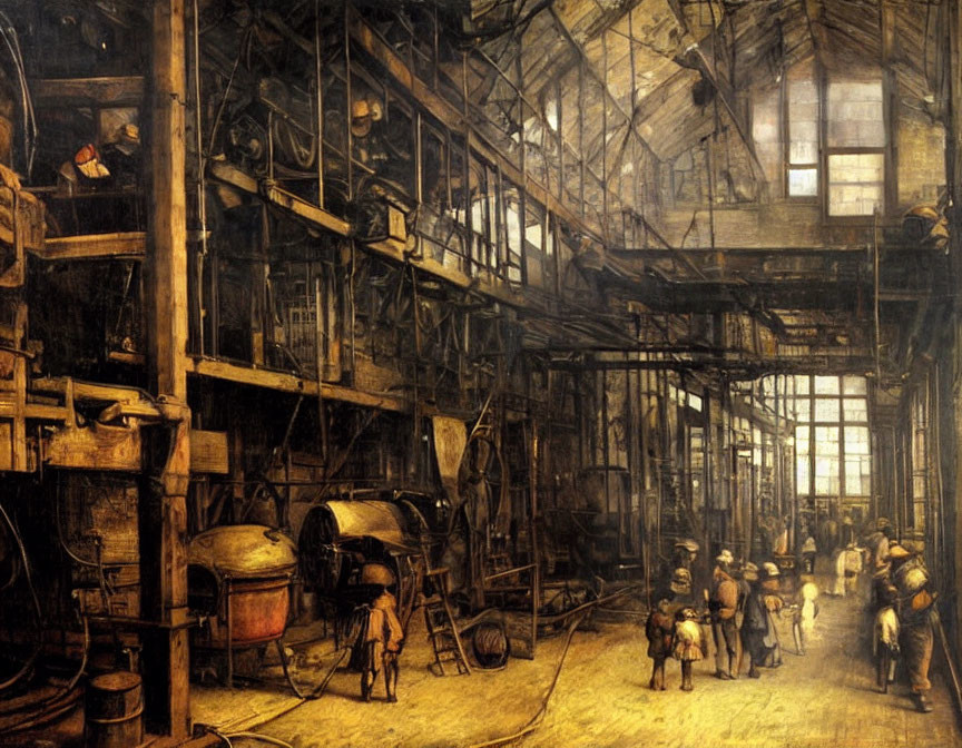 19th-Century Industrial Ironworks Interior with Workers and Machinery