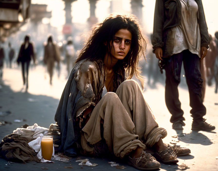 Young person with long hair sitting on dirty street with orange juice glass and people in background