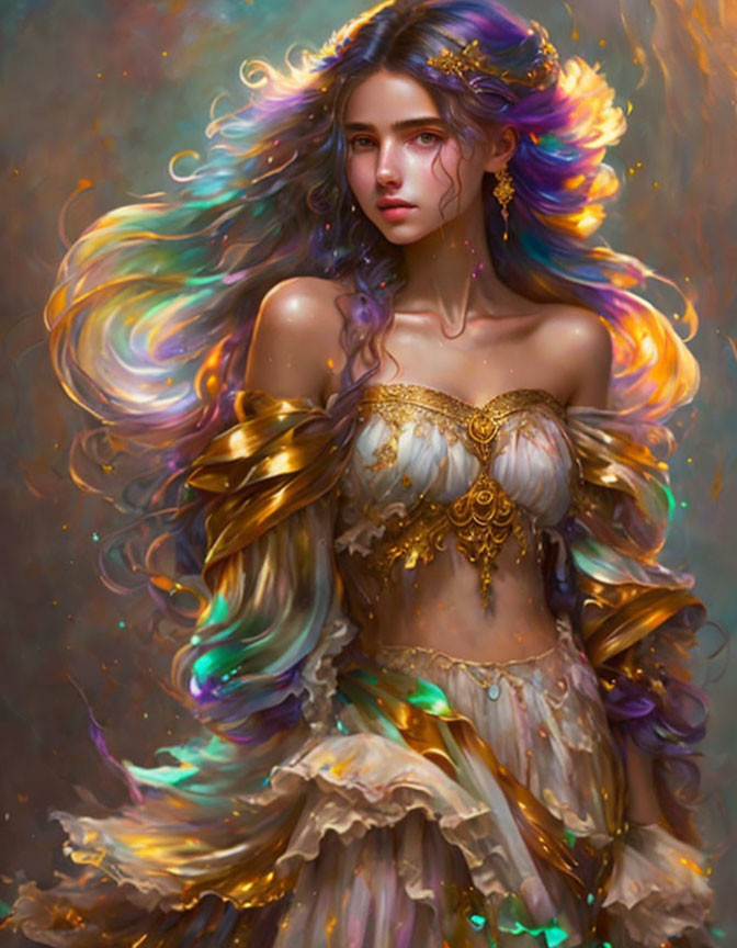 Illustration: Woman with Multicolored Hair and Gold Dress