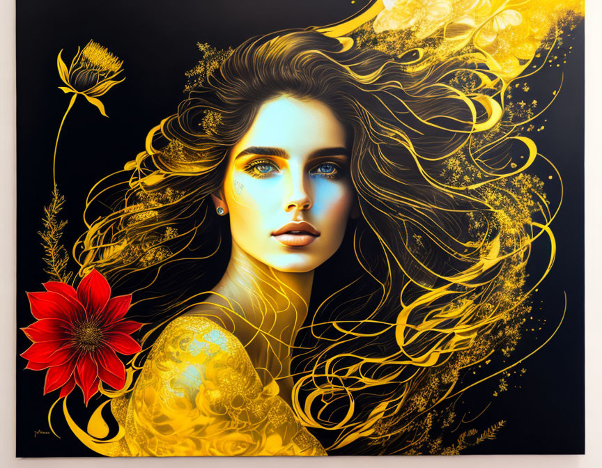 Vibrant artwork of woman with flowing hair and golden embellishments on black background