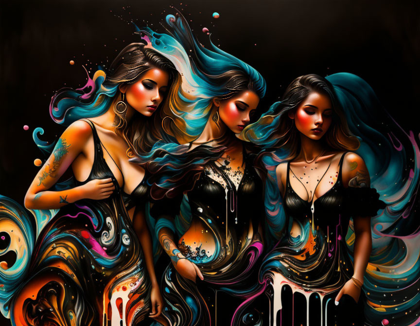 Vibrant stylized women with flowing hair on dark background