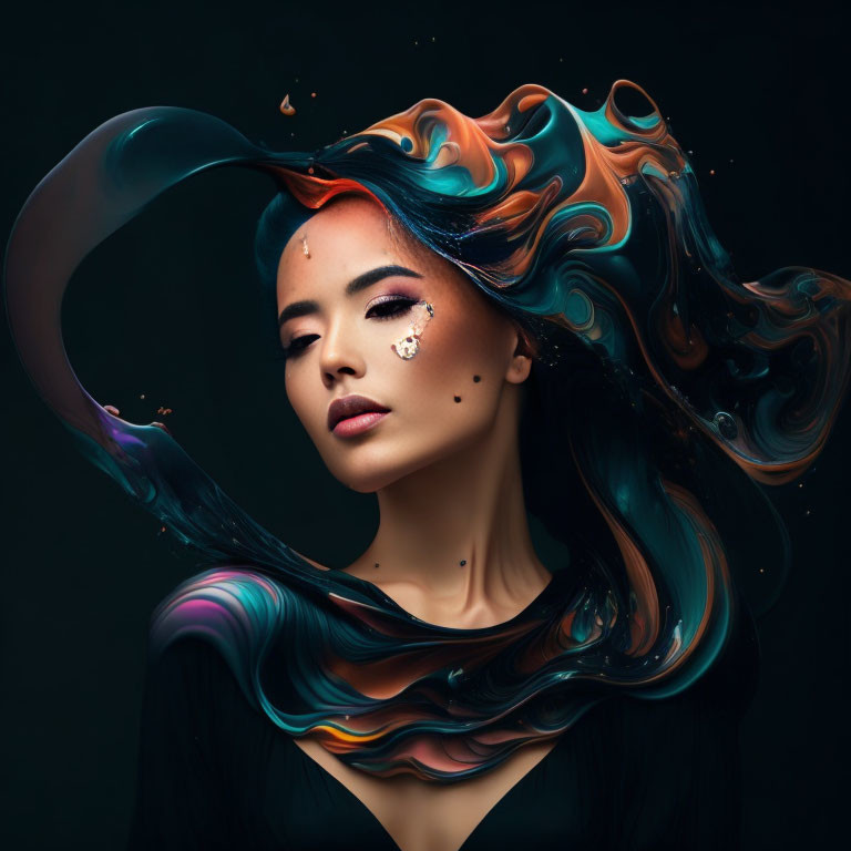 Woman with closed eyes surrounded by swirling, multicolored liquid-like shapes