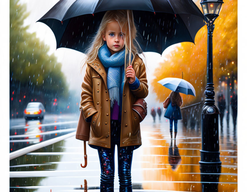 Young girl with black umbrella on rainy street with glowing lamps and autumn trees