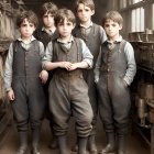 Five young boys in vintage work clothes in somber poses in an industrial setting