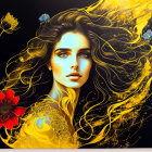 Vibrant artwork of woman with flowing hair and golden embellishments on black background