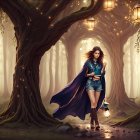 Enchanted forest scene with glowing lanterns and young woman