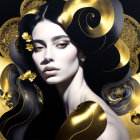 Stylized black and gold hair portrait of a woman with flowers on a dark background