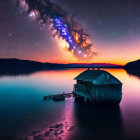 Twilight lake scene with boathouse under vibrant Milky Way galaxy