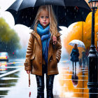 Young girl with black umbrella on rainy street with glowing lamps and autumn trees