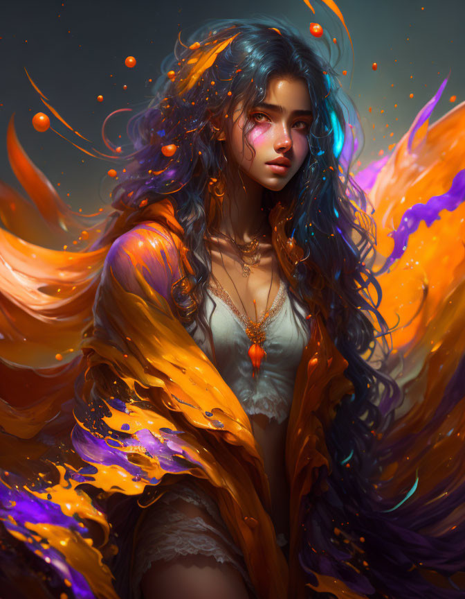 Fantastical image: Woman with blue hair and orange wings, glowing orbs, moody backdrop