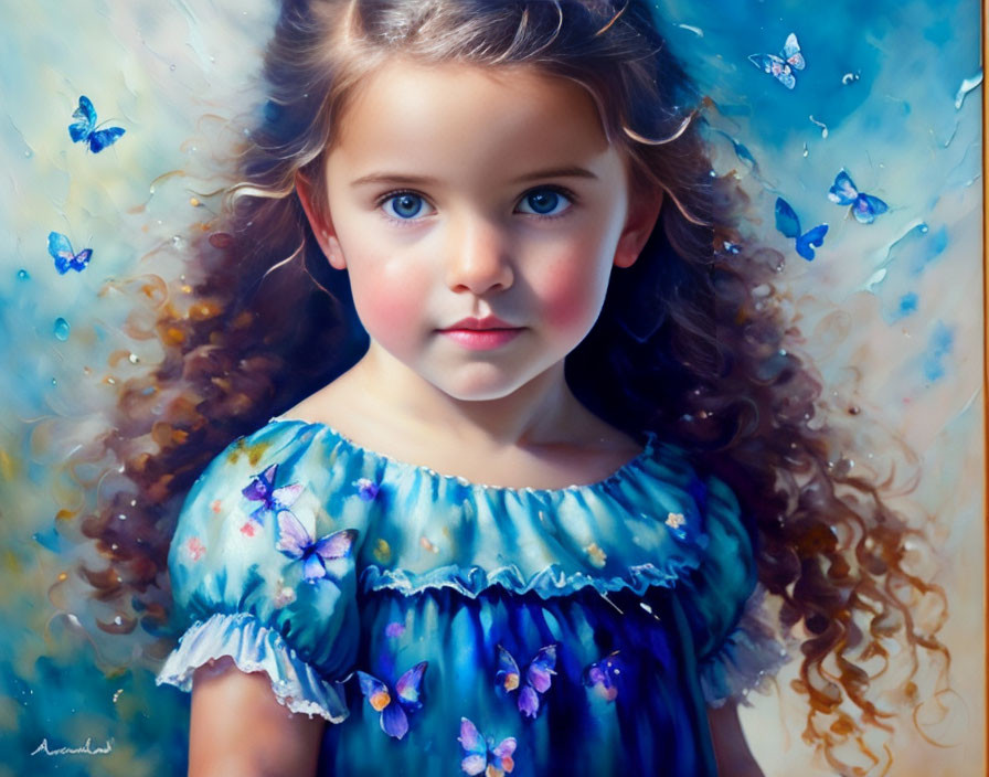 Young girl with blue eyes and curly hair among blue butterflies on bokeh background