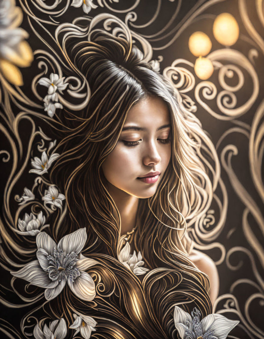 Digital artwork of woman with flowing hair and ornate patterns, surrounded by white flowers on dark background.