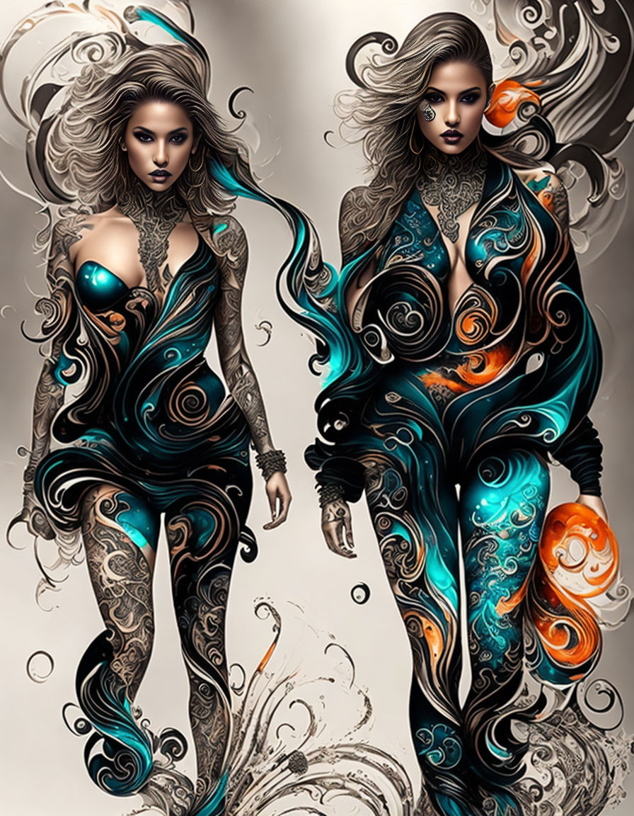 Stylized female figures with intricate peacock feather motifs