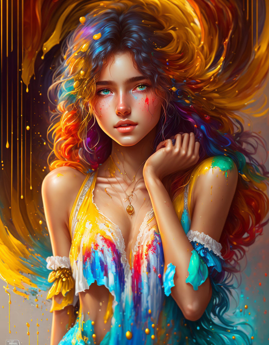 Vibrant digital portrait of a woman with colorful flowing hair