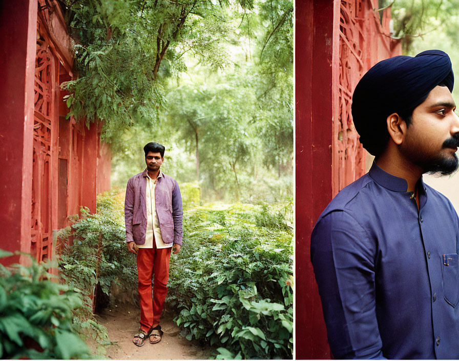 Split image of two men in purple shirt and blue turban against different backdrops.