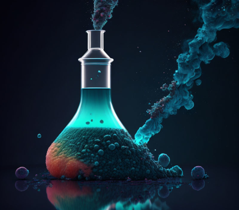 Vibrant chemical reaction in flask emits turquoise smoke