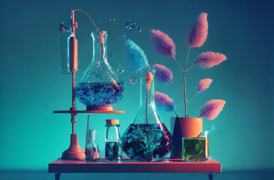 Vibrant still life: scientific glassware, fluffy plants on shelf